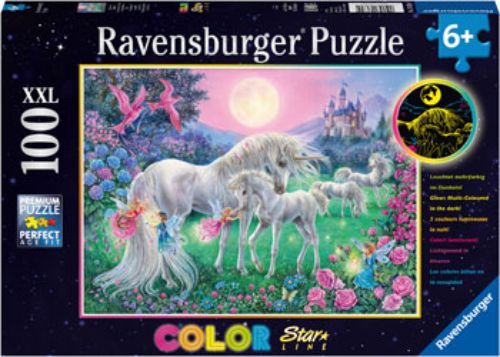 100-piece Ravensburger puzzle featuring mystical unicorns under the moonlight, perfect for family fun and imaginative play.