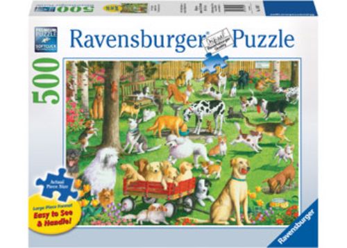 Large format 500-piece puzzle depicting a vibrant scene at a dog park, ideal for all ages.