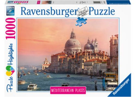 Ravensburger 1000pc puzzle of Mediterranean Italy, showcasing vibrant coastal towns, measures 70x50cm, ideal for ages 12+.