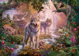 A 1000-piece Ravensburger puzzle featuring majestic wolves in a vibrant summer landscape, perfect for family fun and decor.