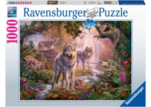 A vibrant 1000-piece puzzle featuring majestic wolves in a stunning summer landscape, perfect for family fun and decoration.