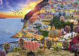 Ravensburger 1000pc puzzle depicting the vibrant coastal scenery of Positano, Italy, ideal for art lovers and puzzle enthusiasts.