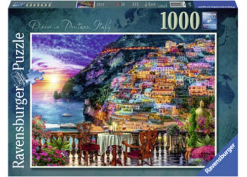 Vibrant 1000-piece Ravensburger puzzle of Positano, Italy, showcasing its stunning coastal scenery and colorful architecture.