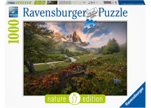 Ravensburger 1000-piece puzzle of Claree Valley, French Alps, showcasing vibrant colors and serene mountain scenery.