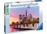 Ravensburger 1500-piece puzzle of Notre Dame, measuring 84 x 60 cm, showcasing iconic architecture and vibrant details.