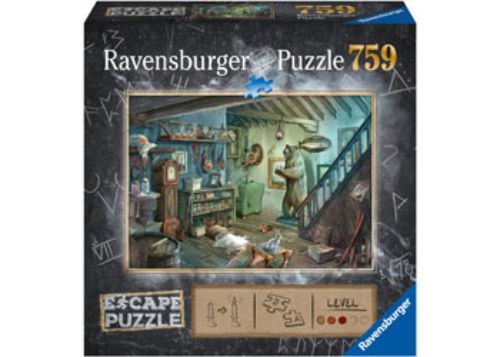 Jigsaw puzzle featuring Ravensburger's Escape 8: The Forbidden Basement, combining art, clues, and an escape room experience.