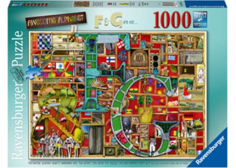 Vibrant Ravensburger 1000-piece alphabet puzzle featuring letters F and G, perfect for family bonding and decoration.