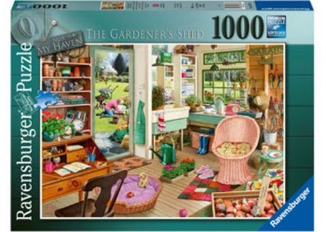 Colorful 1000-piece puzzle of a gardener's shed, featuring bulbs, seeds, and sketches, perfect for garden lovers.