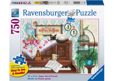 Large format 750-piece puzzle featuring a whimsical piano cat, ideal for relaxed puzzling fun for all ages.