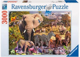 Colorful 3000-piece Ravensburger puzzle depicting Africa's wildlife, measuring 121 x 80 cm when completed.