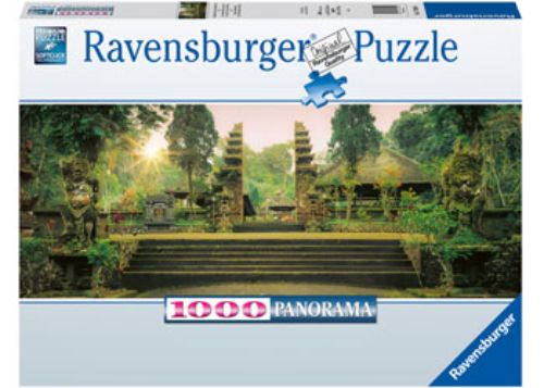 Ravensburger 1000pc puzzle depicting Pura Luhur Batukaru Temple in Bali, surrounded by lush greenery and vibrant landscapes.