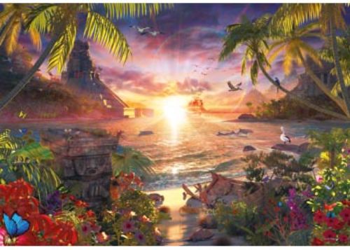 Ravensburger 18000-piece puzzle featuring a vibrant sunset scene, perfect for relaxation and family bonding.