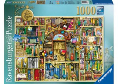 Whimsical 1000-piece jigsaw puzzle featuring Colin Thompson's colorful Bizarre Bookshop illustration, ideal for book lovers.