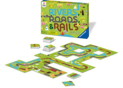 Colorful game tiles for Rivers Roads & Rails, allowing 1-8 players to build networks and use all their cards.