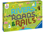 Colorful Ravensburger game featuring 140 tiles for building rivers, roads, and rails, suitable for 1-8 players.