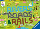 Colorful game components with play tiles for building rivers, roads, and rails, designed for 1-8 players.