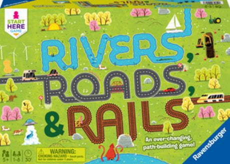 Colorful game components with play tiles for building rivers, roads, and rails, designed for 1-8 players.