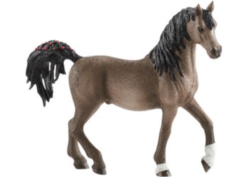 Detailed Schleich Arabian stallion figurine with braided tail, dark mane, and elegant brown coat in a proud stance.