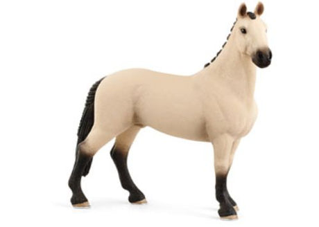 Red Dun Hanoverian gelding by Schleich, showcasing a shiny coat, braided mane, and ready for dressage or show jumping.