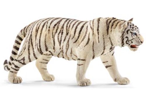 Schleich white tiger figurine showcasing intricate details and striking blue eyes, perfect for imaginative play and education.