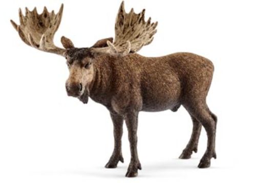 Realistic Schleich Moose Bull figurine with intricate detailing, featuring lifelike antlers and dark brown coat for imaginative play.