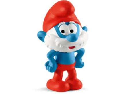 Collectible Papa Smurf figurine with white beard, red cap, and trousers, perfect for play and Smurf-themed collections.