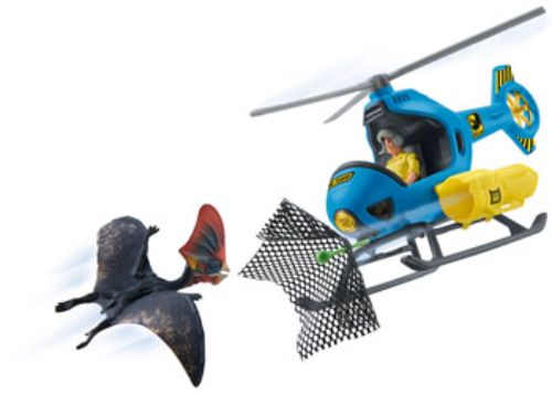 Schleich Dinosaur Air Attack set with helicopter, tranquilizer cannon, and dino researcher Luis chasing the Tapejara.