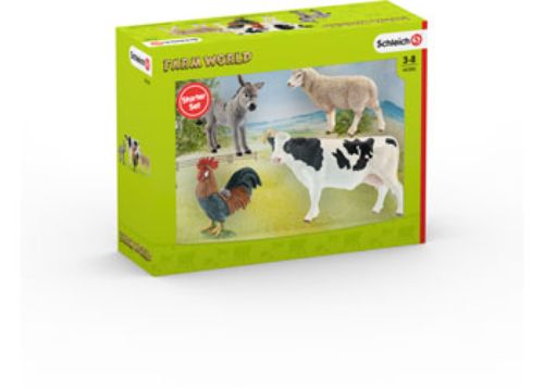 Colorful Schleich Farm World starter set featuring cow, horse, pig, and chicken figurines for imaginative play and education.