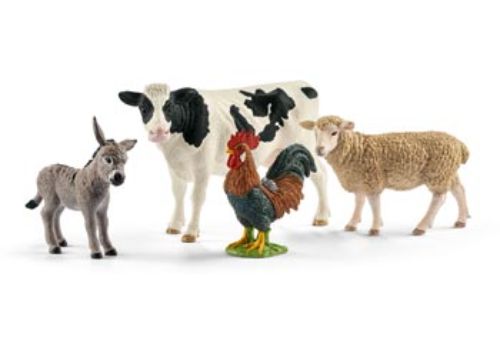 Colorful figurines of farm animals including a cow, horse, pig, and chicken in the Schleich Farm World Starter Set for kids.