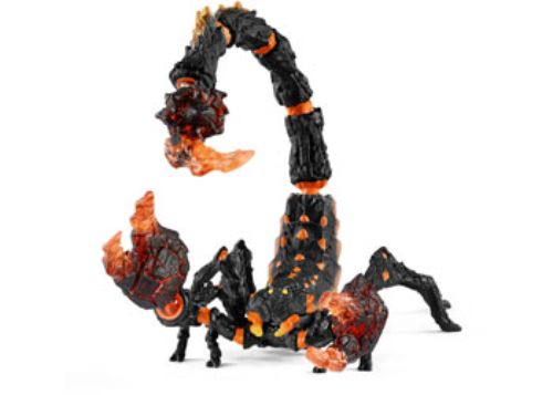 Schleich Lava Scorpion figure with intricate lava stone shell, poised for action with red-hot pincers and giant stinger.