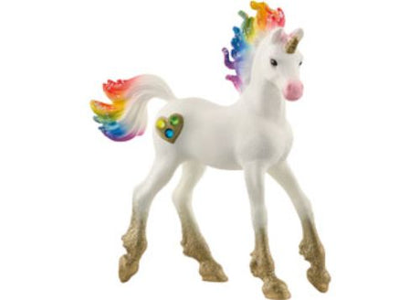 Colorful Schleich Rainbow Love Unicorn Foal figurine, showcasing a magical design with vibrant rainbow mane and tail.