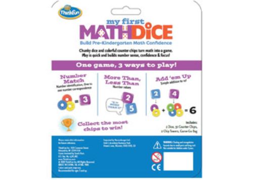 Colorful oversized math dice game for preschoolers, teaching numeral recognition, basic addition, and comparative values.