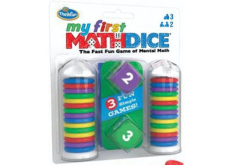 Engaging math dice game for preschoolers, teaching numerals, addition, and comparative values with colorful counter chips.