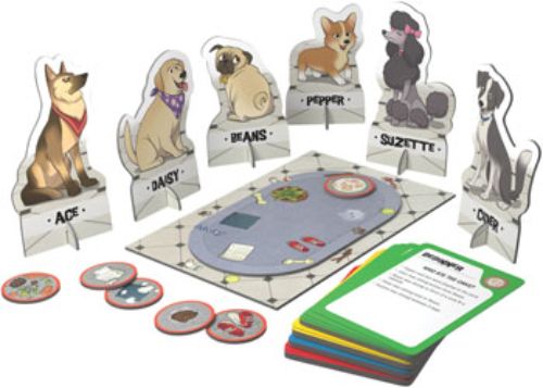 Image of ThinkFun - Dog Crimes game featuring a colorful game board and six unique dog tokens for mystery-solving fun.