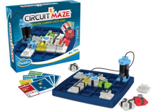 ThinkFun Circuit Maze game with tokens and grid for building real circuits, featuring 60 puzzles that teach electrical engineering concepts.