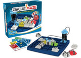 ThinkFun Circuit Maze game with tokens and grid for building real circuits, featuring 60 puzzles that teach electrical engineering concepts.