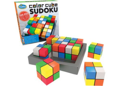 Colorful logic game featuring 9 cubes to arrange on a 3x3 board for Sudoku-inspired brain challenges.