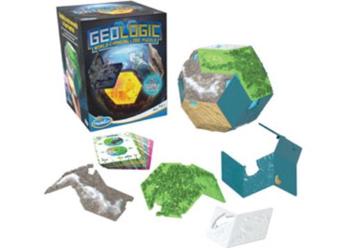 ThinkFun GeoLogic game featuring a 30-sided planet Core and colorful biome Tiles for creative world building and logic puzzles.