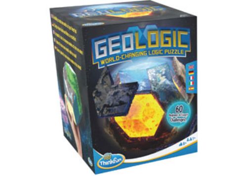 ThinkFun GeoLogic game features a 30-sided planet Core and 14 biome Tiles for creative world-building challenges.