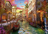 Ravensburger 1000-piece Venice Romance puzzle showcasing charming canals, gondolas, and historic architecture in vibrant colors.