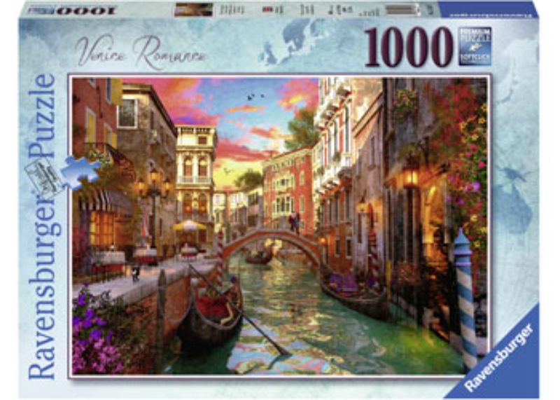 Stunning 1000-piece Ravensburger puzzle featuring Venice's romantic canals and architecture, perfect for family nights or solo relaxation.