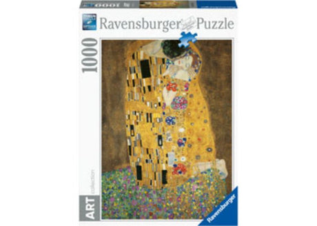 Ravensburger 1000pc puzzle featuring Klimt's iconic artwork, "The Kiss," with vibrant colors and intricate details.