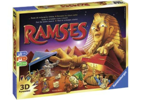 Board game featuring players searching for hidden treasures in pyramids while facing obstacles like curses and mummies.