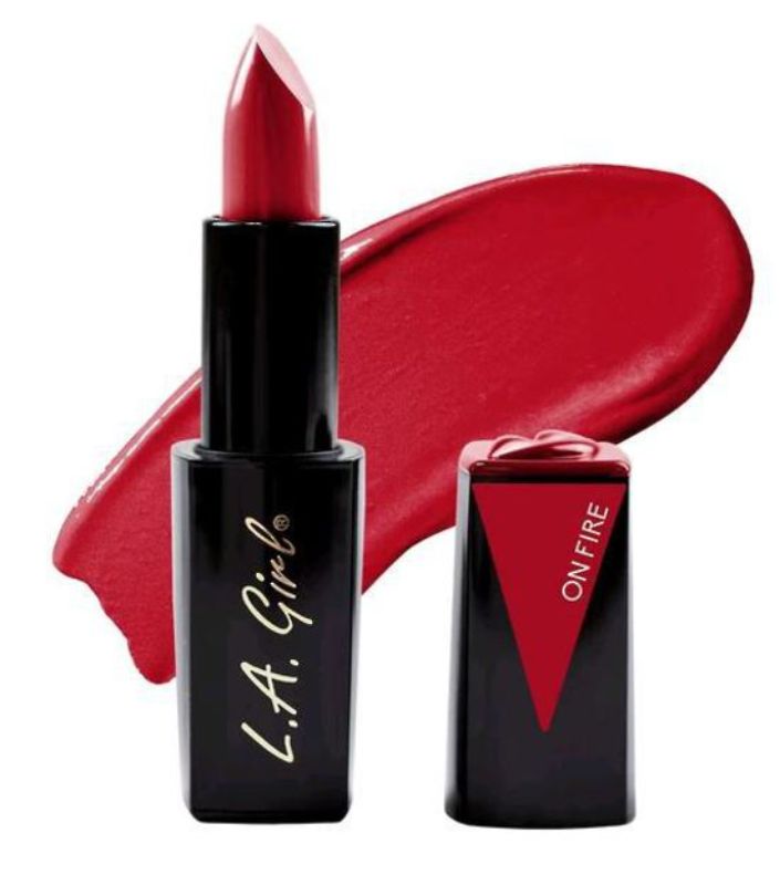 LA Girl Lip Attraction Lipstick in 'On Fire' featuring a vibrant hue, glossy finish, and nourishing vitamin E formula.