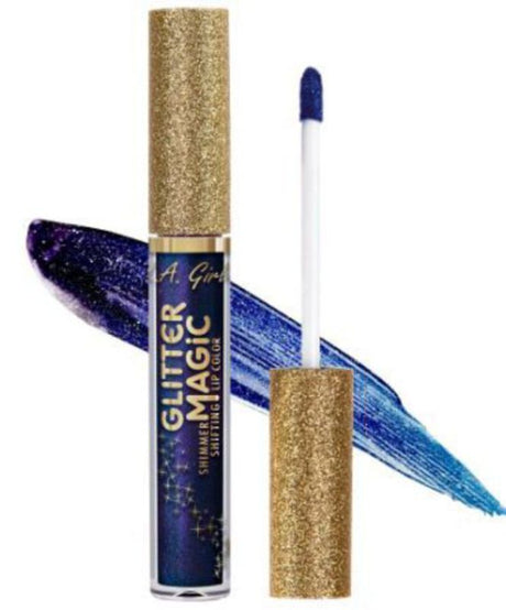 LA Girl Glitter Magic Lip Color in Starry Night transforms matte metallic to a stunning glitter finish.