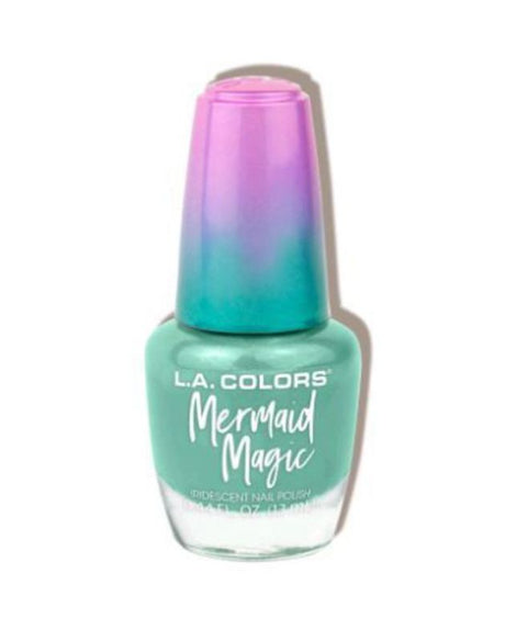 Iridescent nail polish in mermaid-inspired shades of pink, coral, and turquoise for a magical oceanic manicure.