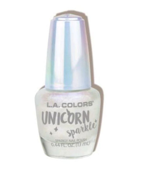 LA Colors Unicorn Sparkle Nail Polish in Sugar Snowflake, featuring iridescent shimmer and three-dimensional glitter for whimsical nails.