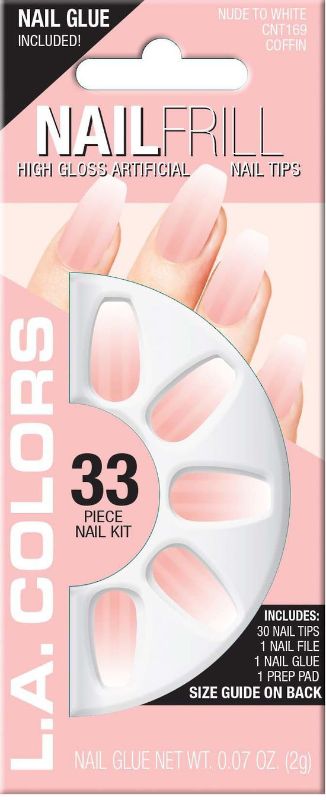 LA Colors 33pc High Gloss Coffin Nail Tip Kit featuring nude to white tips for stylish, durable at-home manicures.