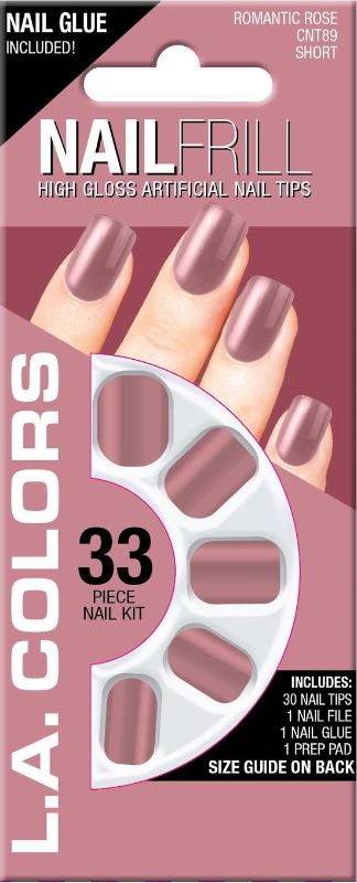 High Gloss Short Nail Tip Kit in Romantic Rose, featuring 30 tips, file, glue, and prep pad for stylish manicures.