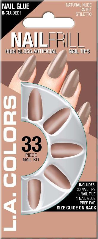LA Colors 33pc High Gloss Short Nail Tip Kit in Natural Nude, featuring 30 glossy nail tips, nail file, glue, and prep pad.